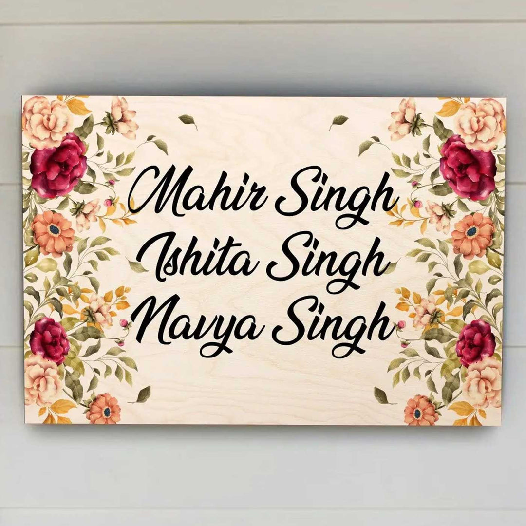 Printed Floral Wooden Rectangle Nameplate For Family