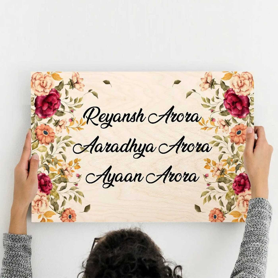 Printed Floral Wooden Rectangle Nameplate For Family