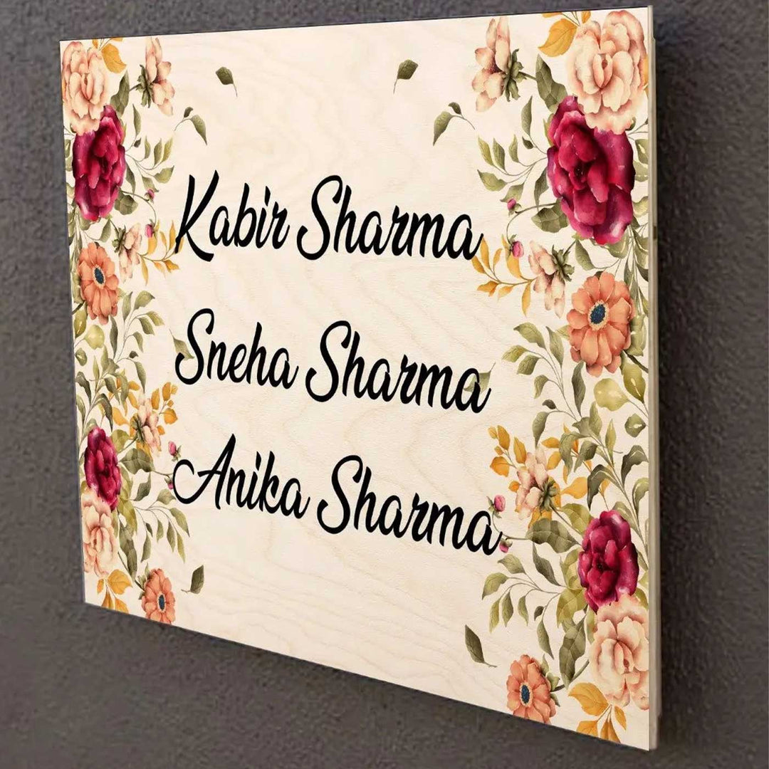 Printed Floral Wooden Rectangle Nameplate For Family