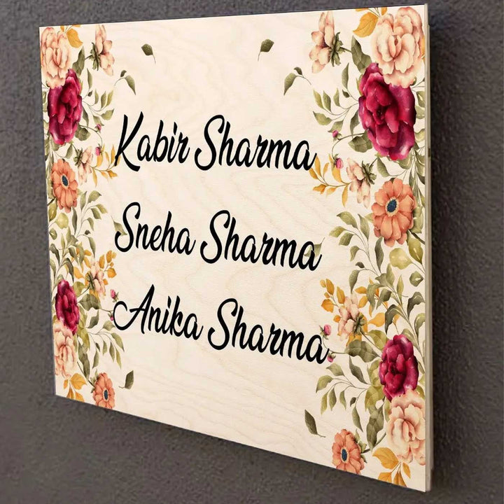 Printed Floral Wooden Rectangle Nameplate For Family