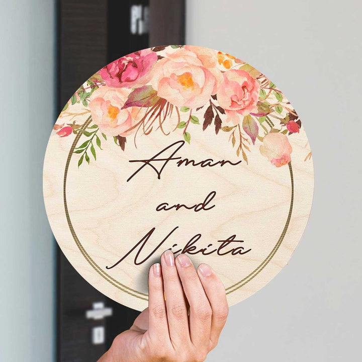 Printed Pink Floral Wooden Round Nameplate For Couples