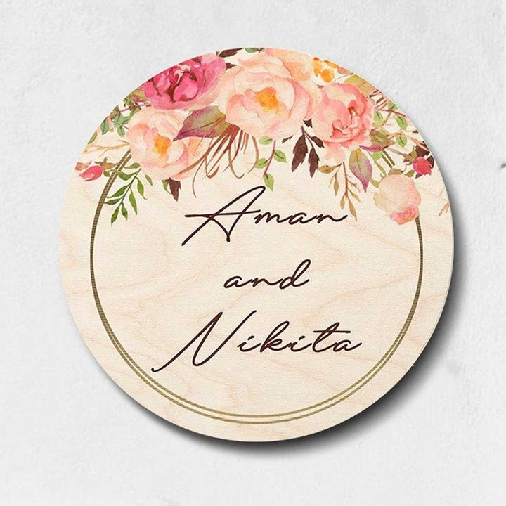 Printed Pink Floral Wooden Round Nameplate For Couples