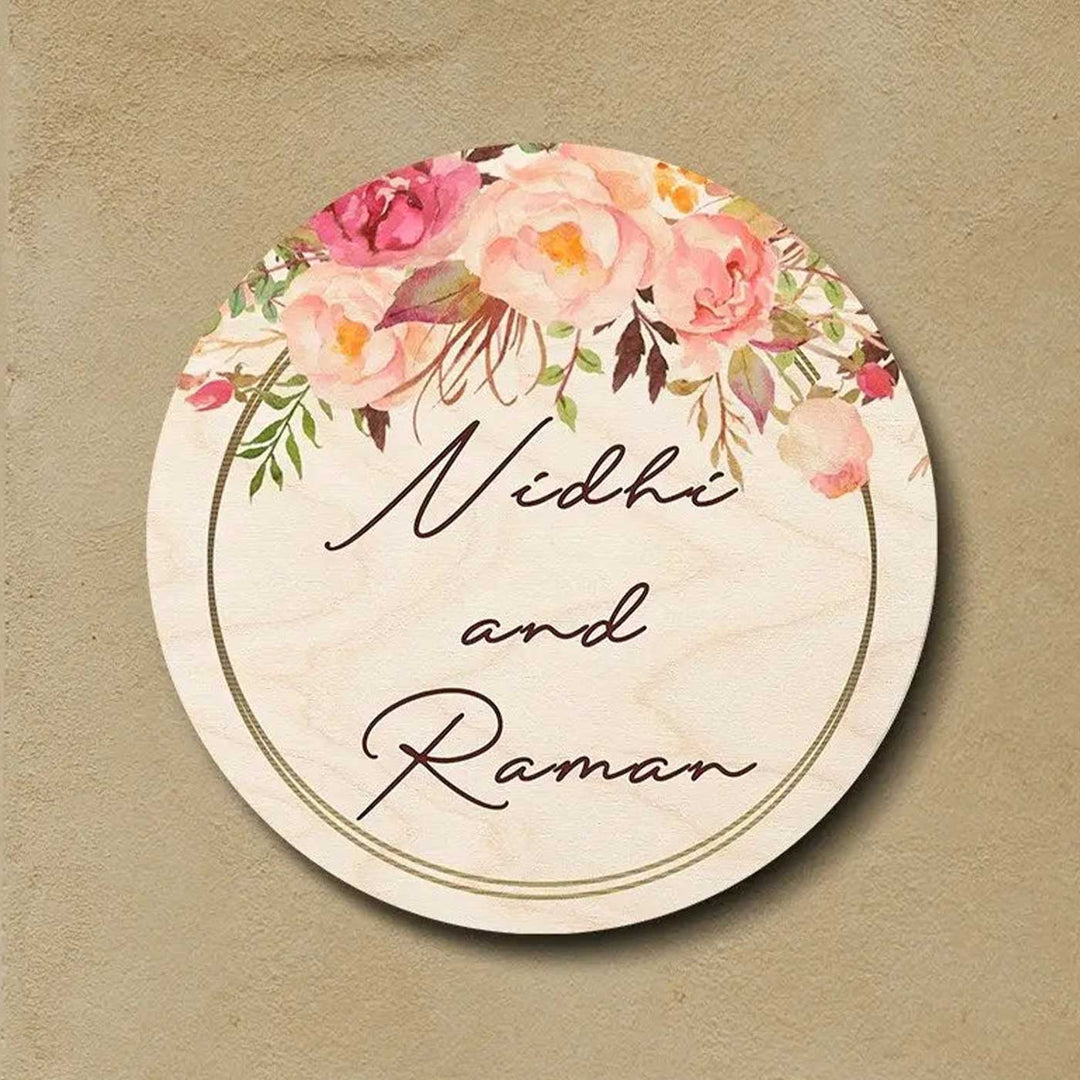 Printed Pink Floral Wooden Round Nameplate For Couples