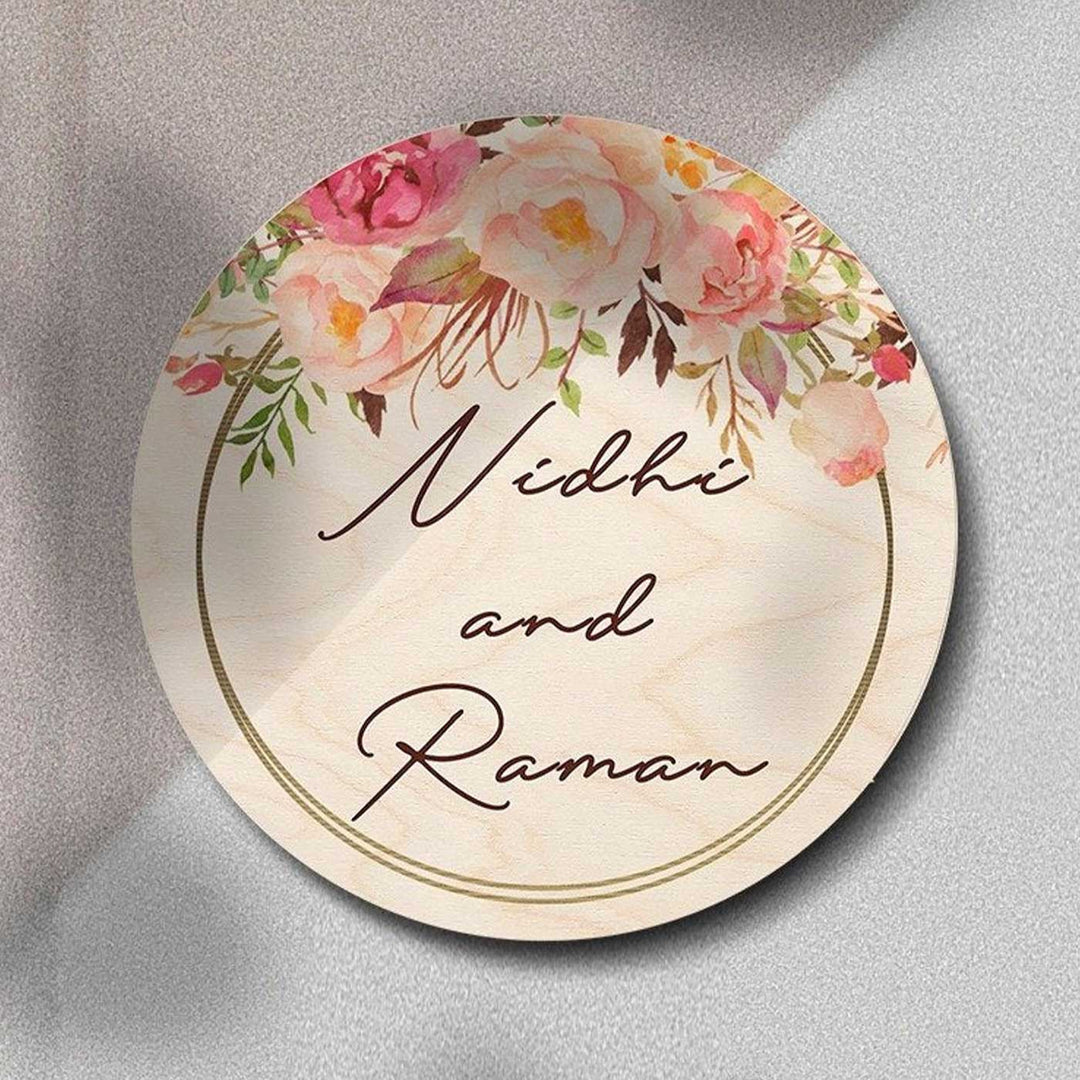 Printed Pink Floral Wooden Round Nameplate For Couples