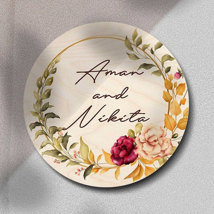 Printed Floral Wooden Round Nameplate For Couples