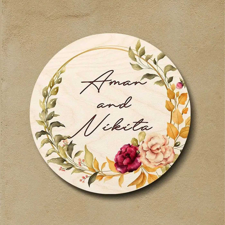 Printed Floral Wooden Round Nameplate For Couples