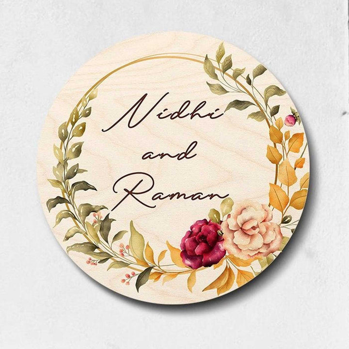 Printed Floral Wooden Round Nameplate For Couples