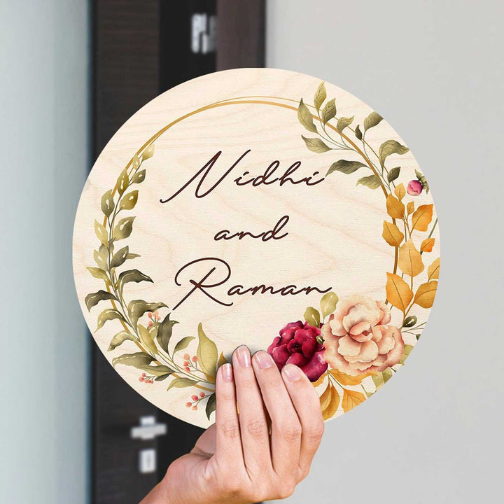 Printed Floral Wooden Round Nameplate For Couples