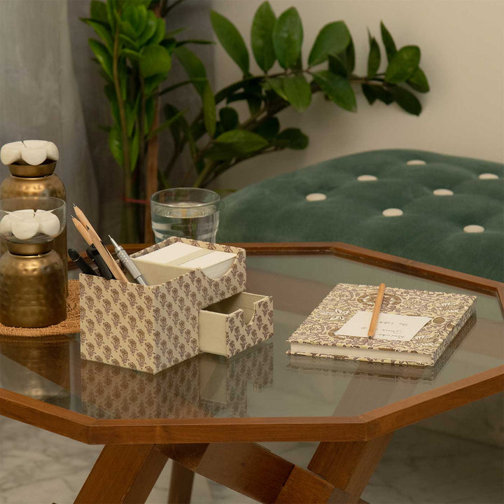 Handmade Block Printed Beige Cube Desk Organiser