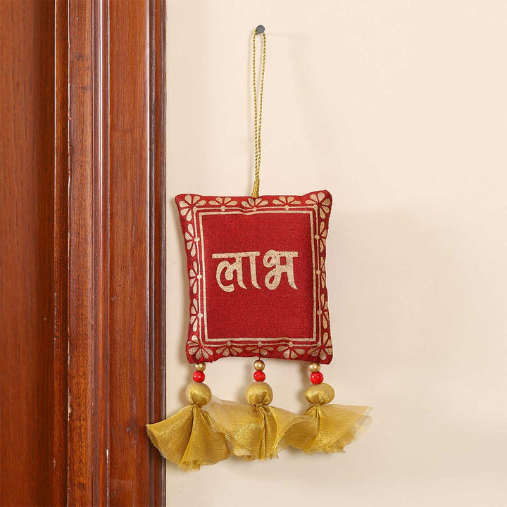 Handmade Red Shubh Labh Fabric Hanging | Set of 2