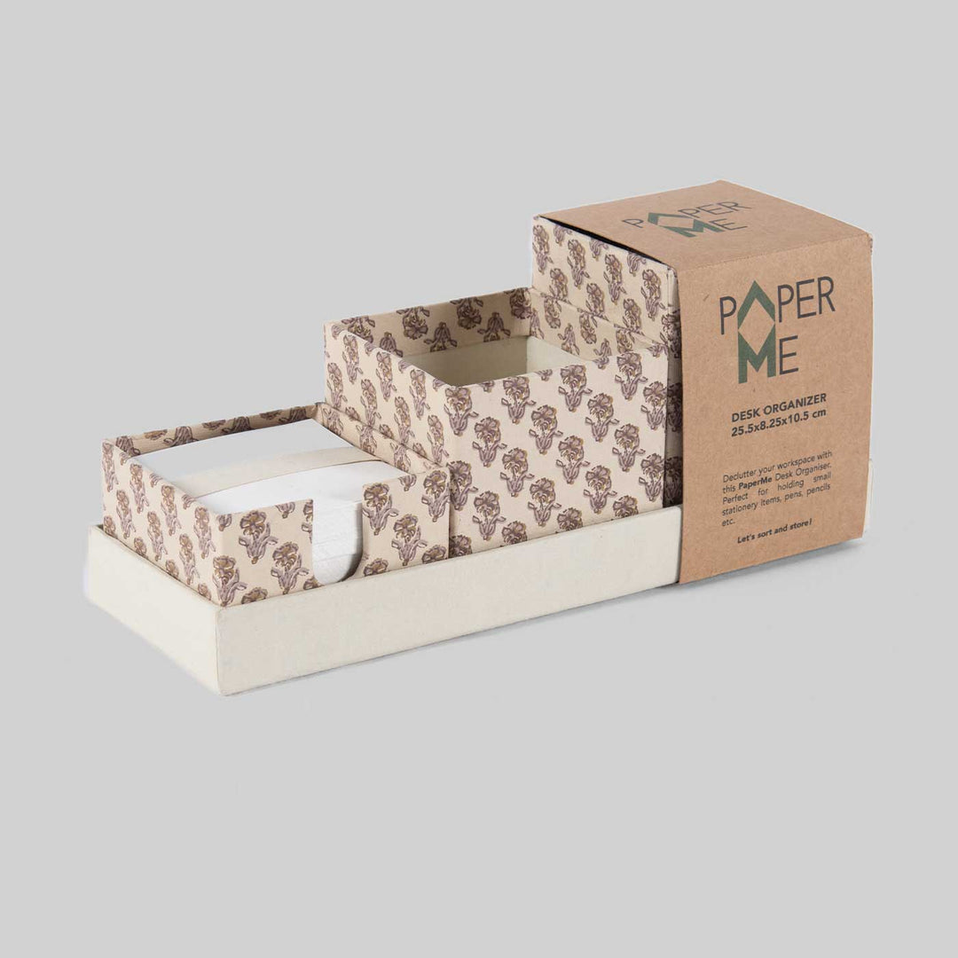 Handmade Block Printed Beige Small Desk Organiser