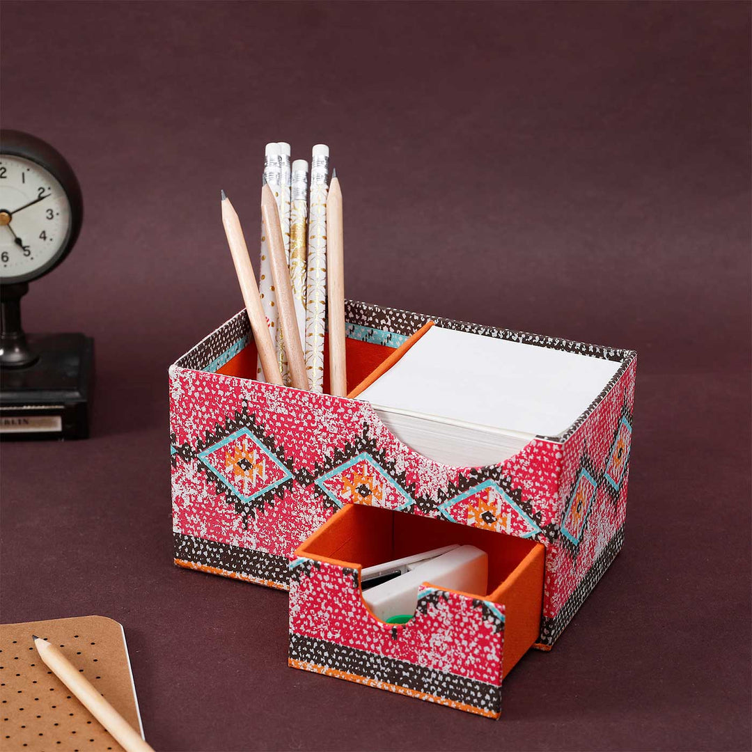 Handmade Red & Orange Kaleen Cube Desk Organiser