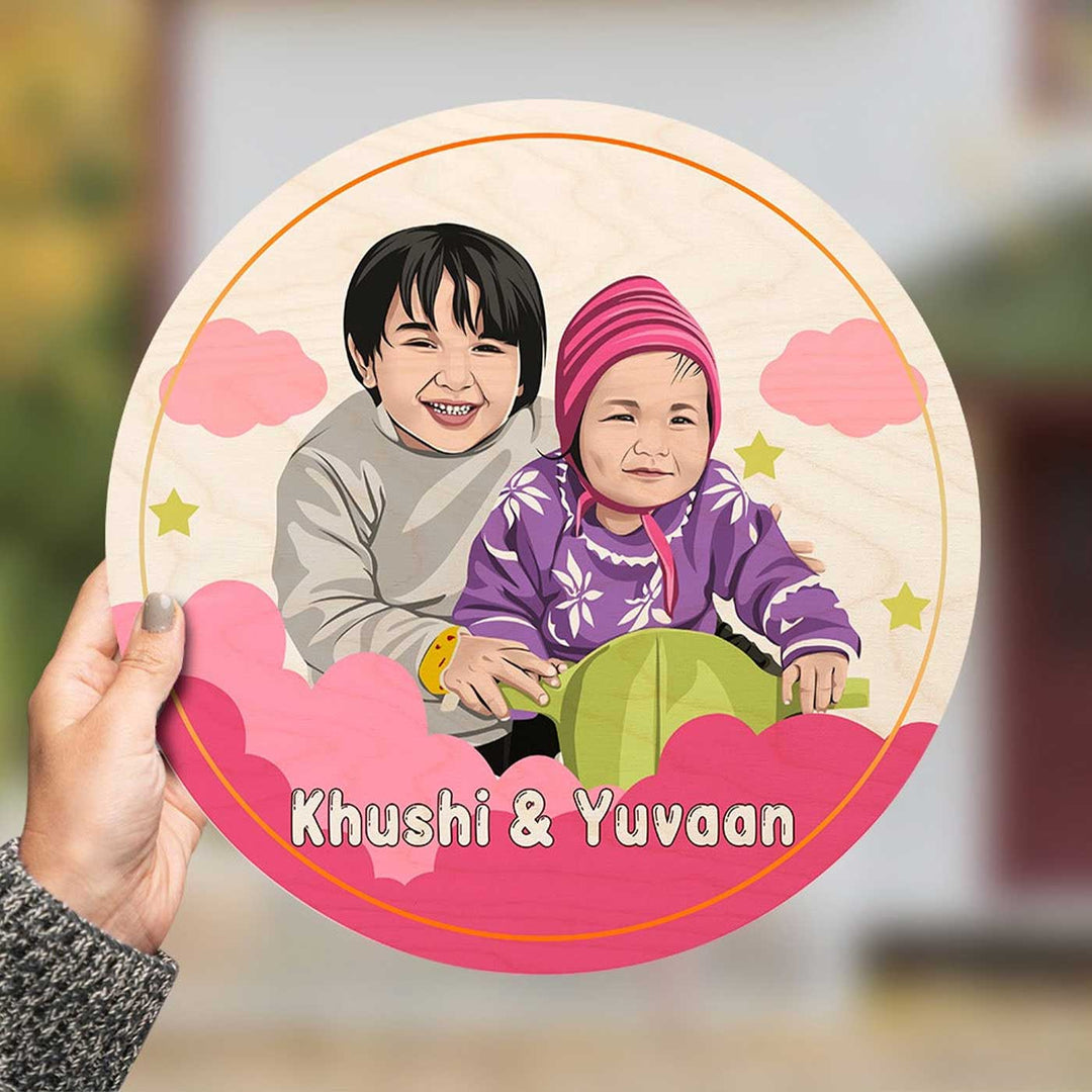 Photo Personalized Kids Circular Characters Wooden Nameplate For Siblings