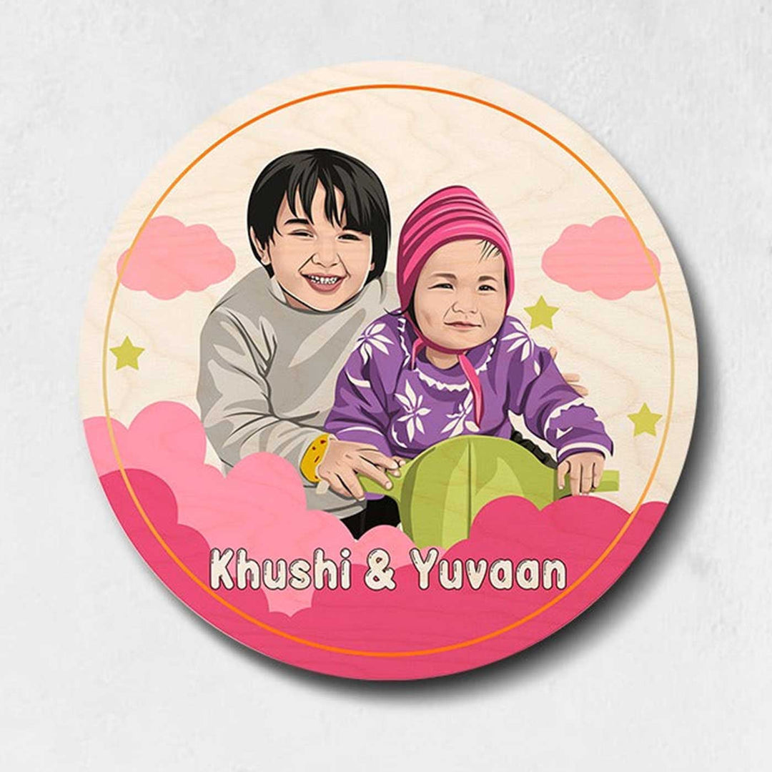 Photo Personalized Kids Circular Characters Wooden Nameplate For Siblings