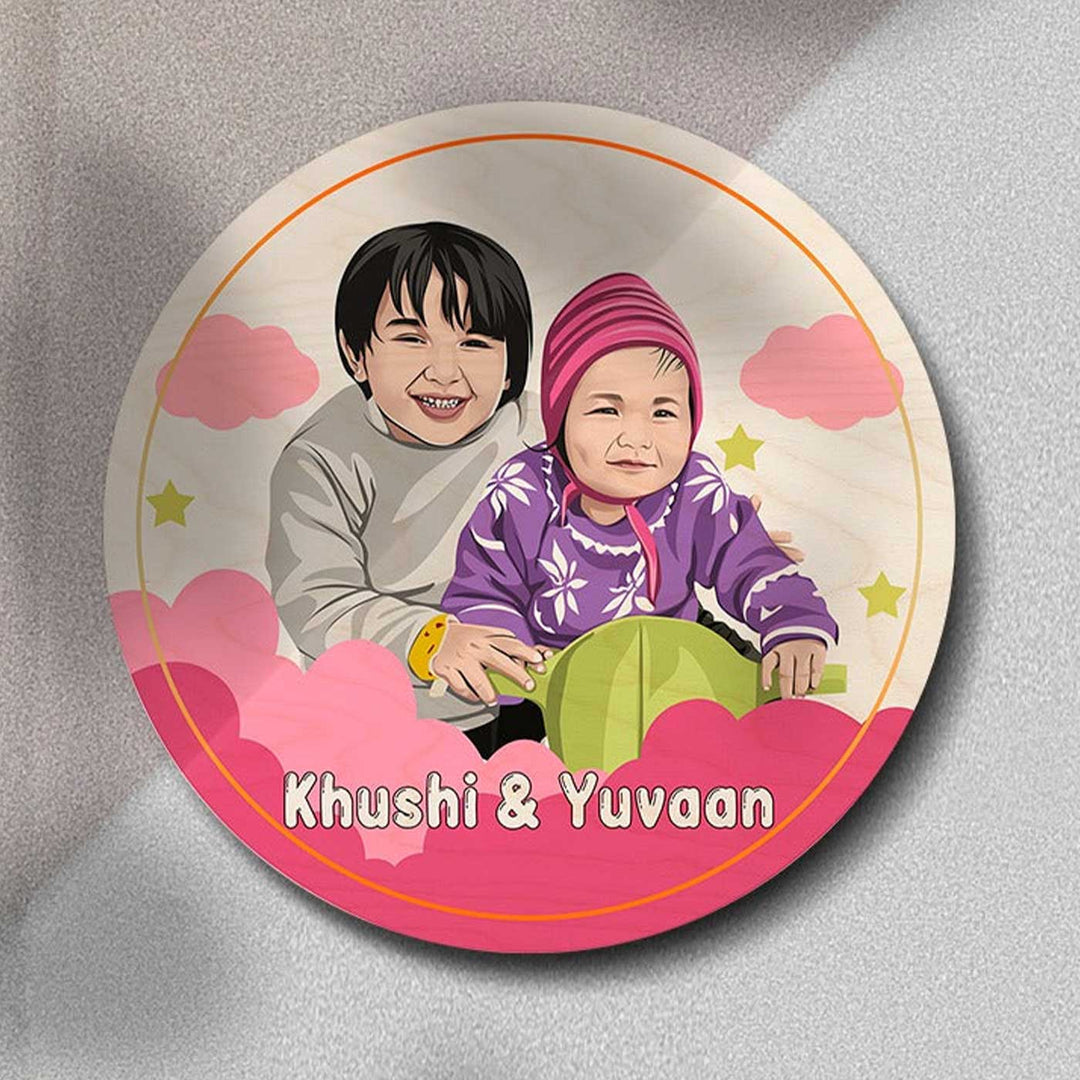 Photo Personalized Kids Circular Characters Wooden Nameplate For Siblings