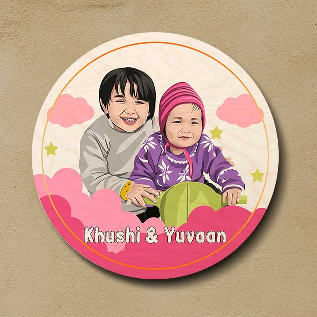 Photo Personalized Kids Circular Characters Wooden Nameplate For Siblings