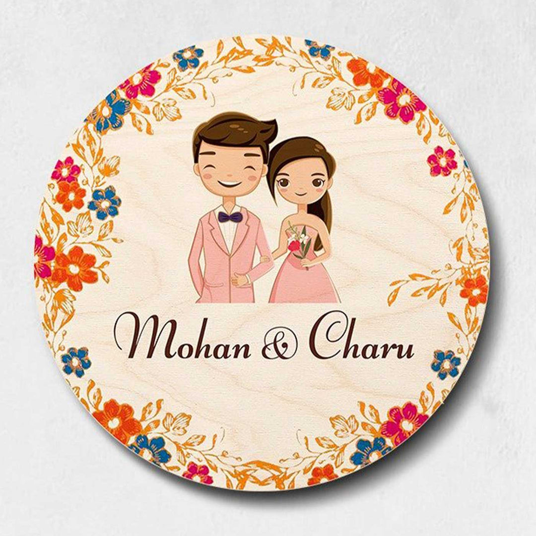 Printed Multicolour Floral Wooden Round Nameplate For Couples