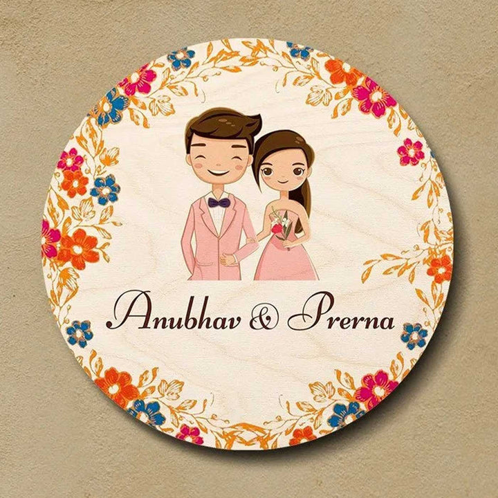 Printed Multicolour Floral Wooden Round Nameplate For Couples