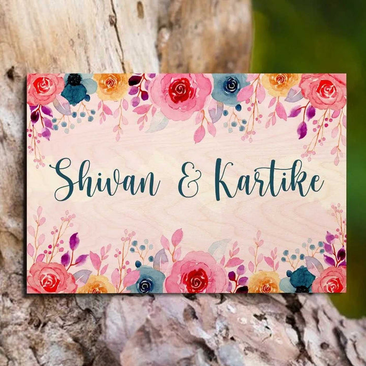 Printed Multicolour Spring Floral Wooden Rectangle Nameplate