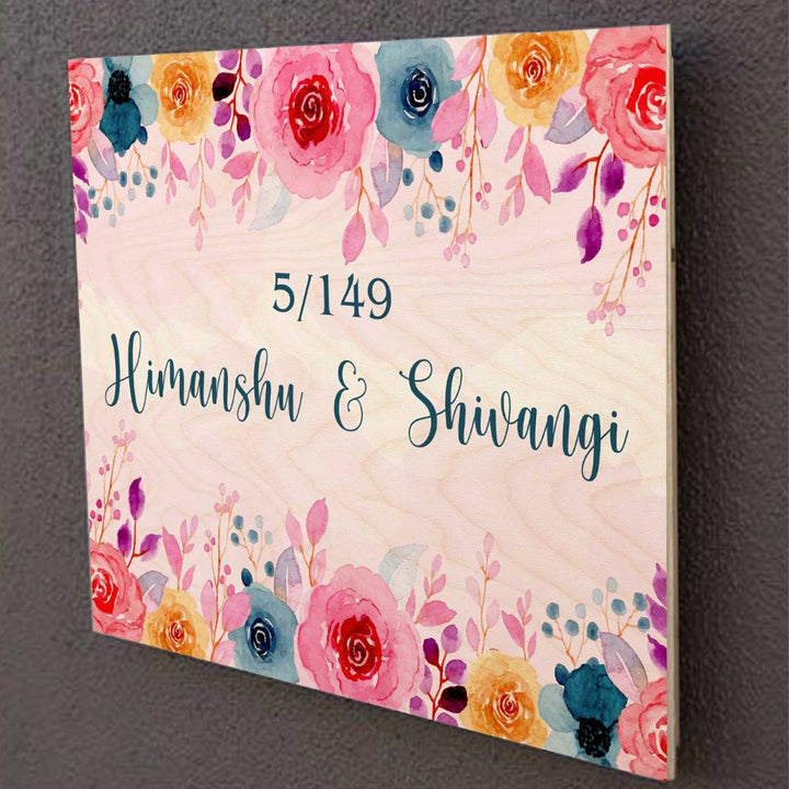 Printed Multicolour Spring Floral Wooden Rectangle Nameplate