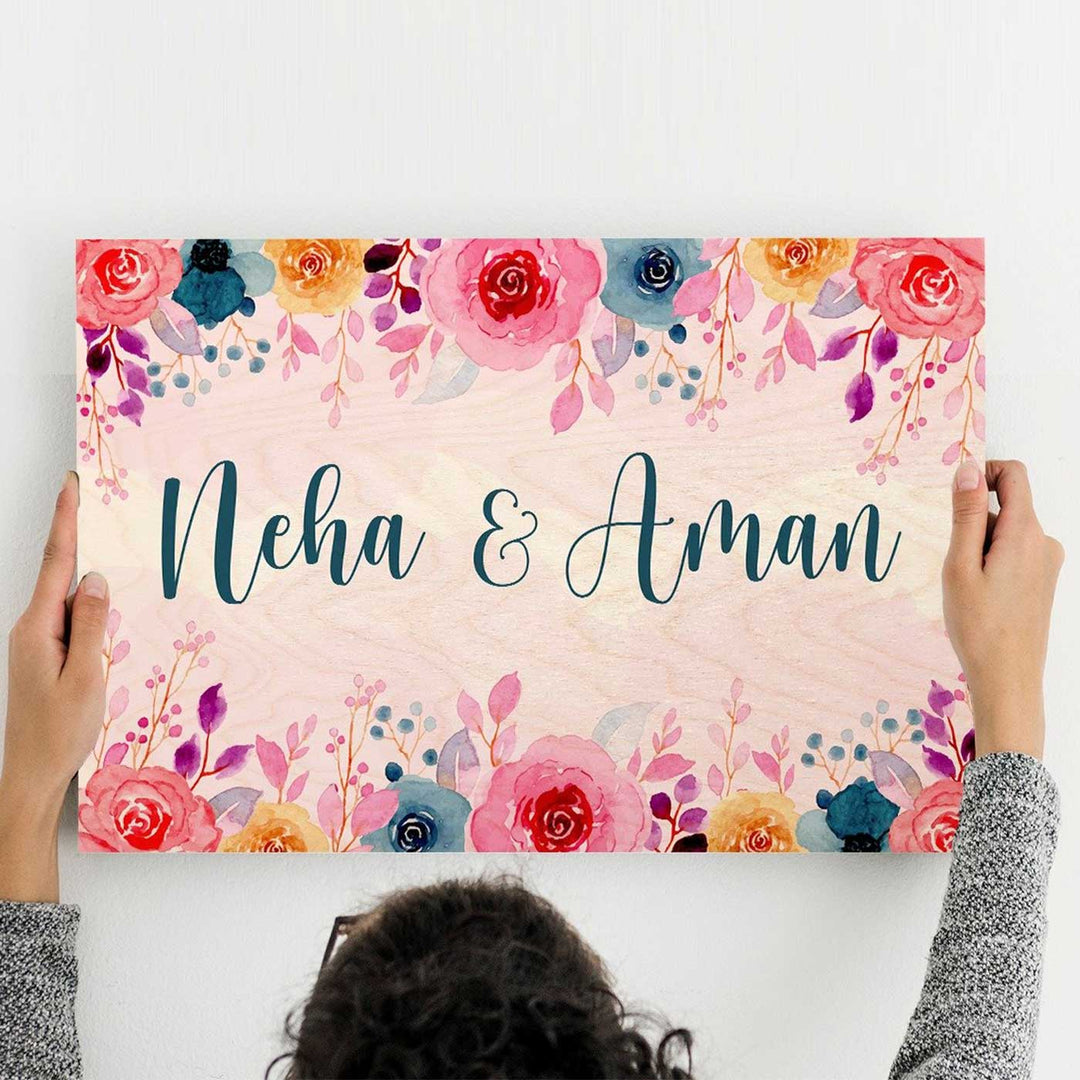 Printed Multicolour Spring Floral Wooden Rectangle Nameplate