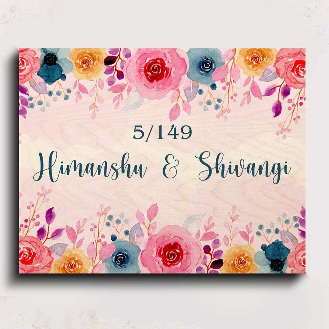 Printed Multicolour Spring Floral Wooden Rectangle Nameplate