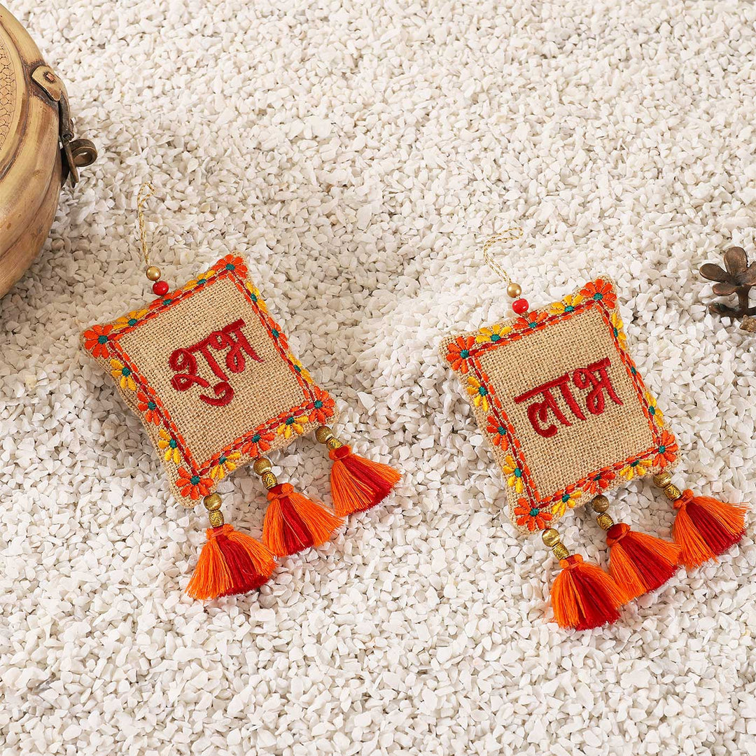 Handmade Embroidered Shubh Labh Jute Hanging | Set of 2