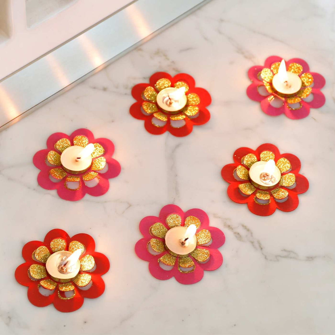 Handmade Pink & Red Marigold Paper Tealight Holder  | Set of 6