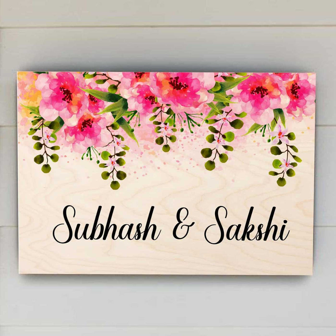 Printed Pink Floral Wooden Rectangle Nameplate