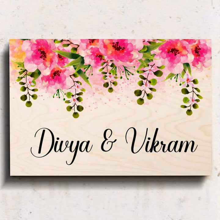 Printed Pink Floral Wooden Rectangle Nameplate