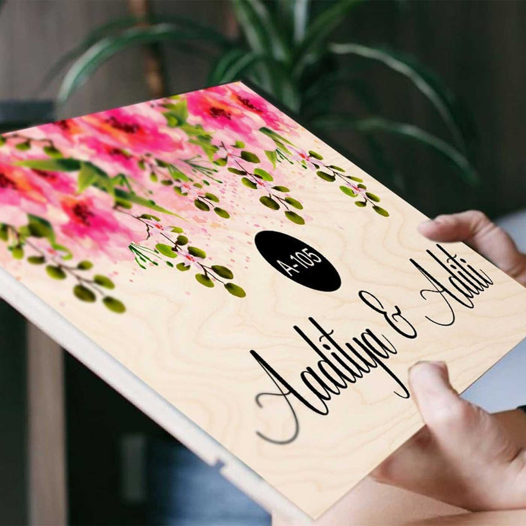 Printed Pink Floral Wooden Rectangle Nameplate