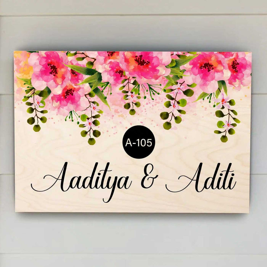 Printed Pink Floral Wooden Rectangle Nameplate