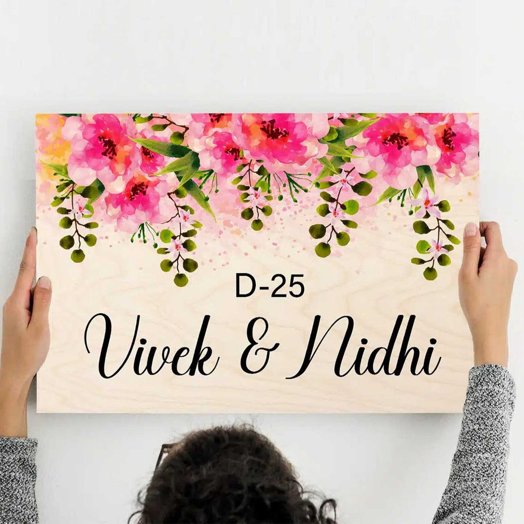 Printed Pink Floral Wooden Rectangle Nameplate