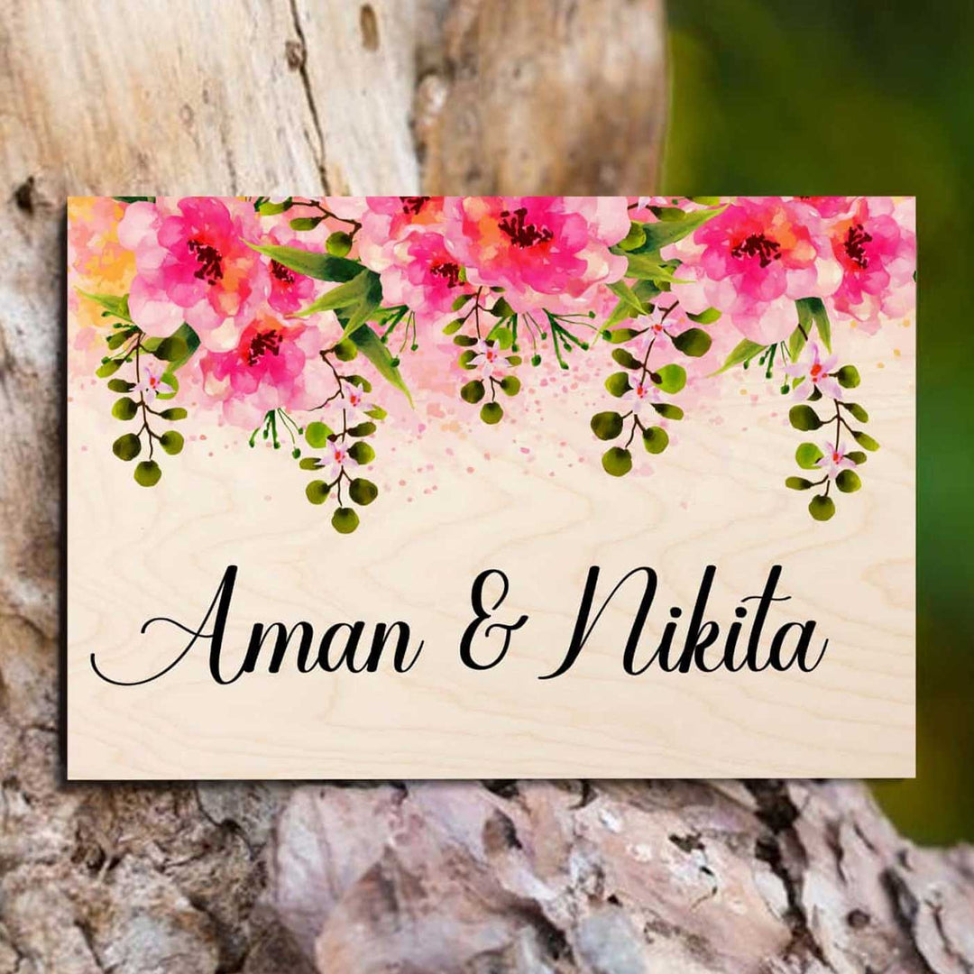 Printed Pink Floral Wooden Rectangle Nameplate