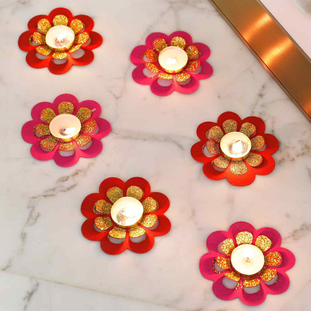 Handmade Pink & Red Marigold Paper Tealight Holder  | Set of 6