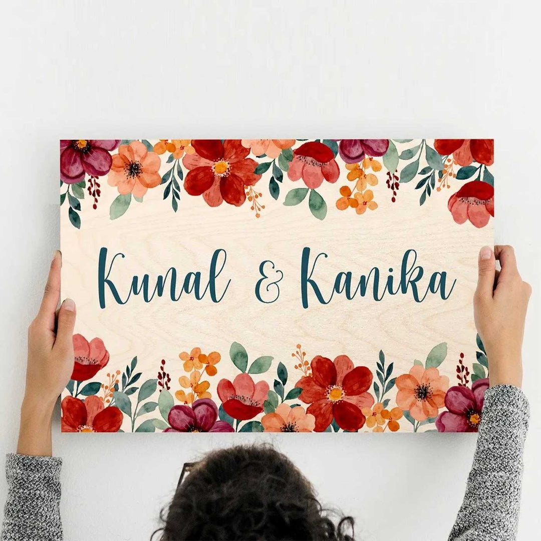 Printed Red Floral Wooden Rectangle Nameplate