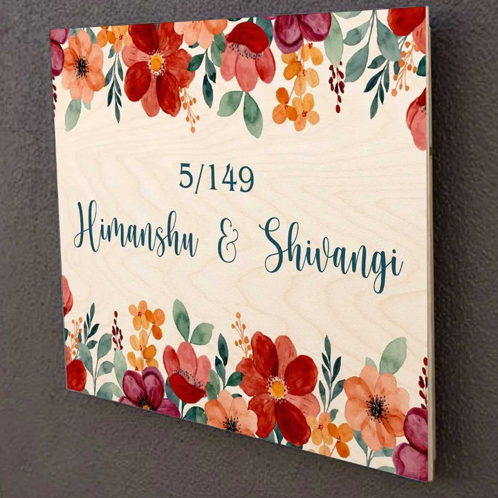 Printed Red Floral Wooden Rectangle Nameplate