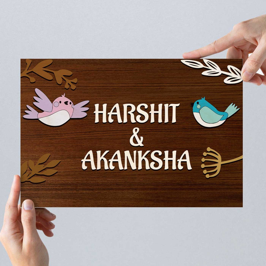 Personalized Printed Wooden 3D Birds Nameplate For Couples