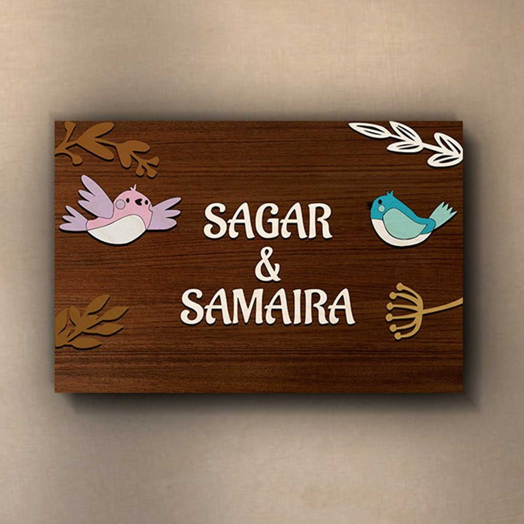 Personalized Printed Wooden 3D Birds Nameplate For Couples