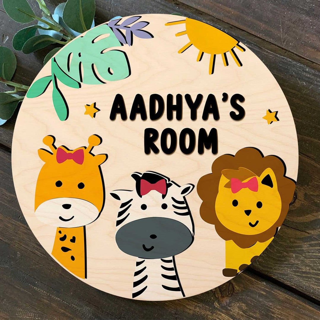 Kids Circular 3D Jungle Themed Wooden Nameplate