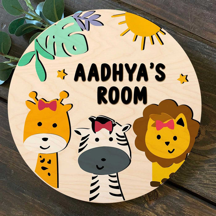 Kids Circular 3D Jungle Themed Wooden Nameplate