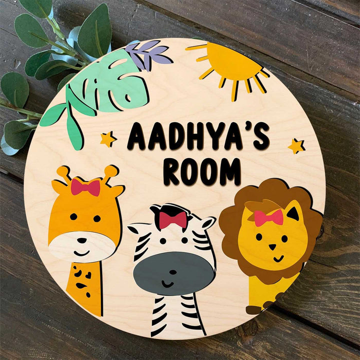 Kids Circular 3D Jungle Themed Wooden Nameplate