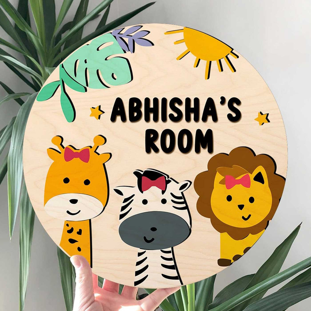 Kids Circular 3D Jungle Themed Wooden Nameplate