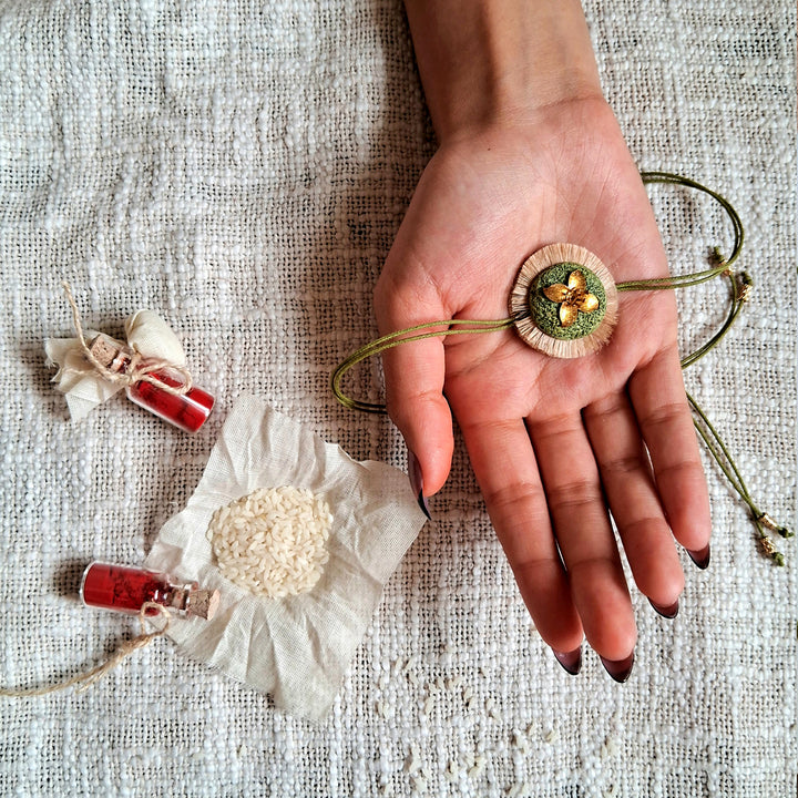 Handmade Papier Mache Floral Green Rakhi With Roli Chawal