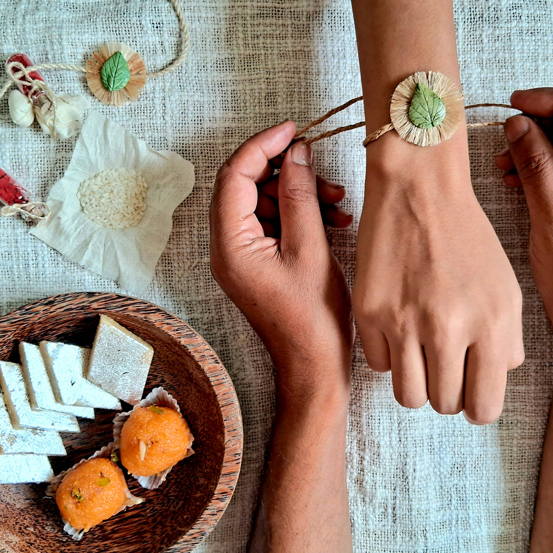 Handmade Papier Mache Leaf  Rakhi With Roli Chawal