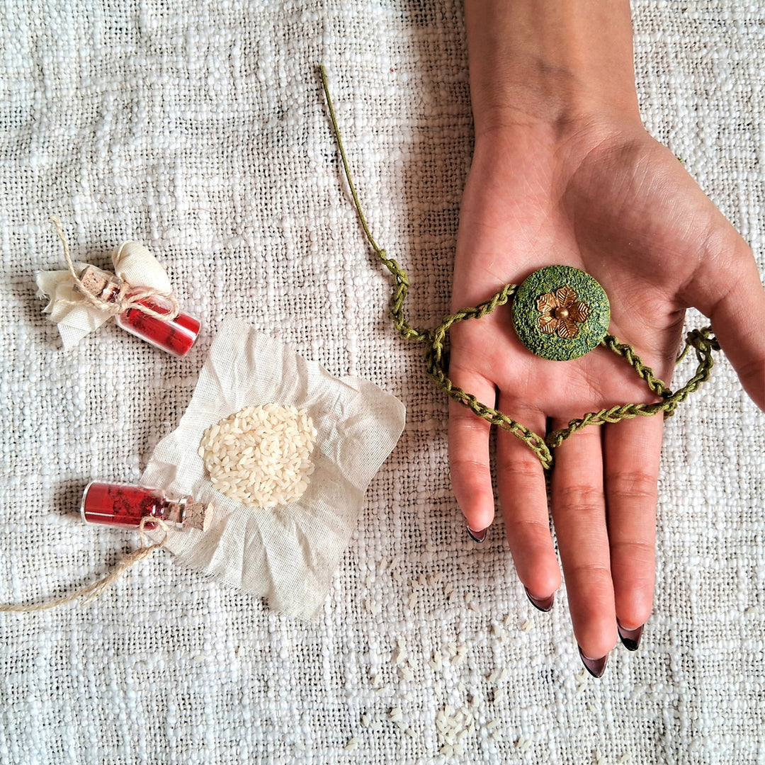 Handmade Papier Mache Green with Rustic Flower Rakhi With Roli Chawal