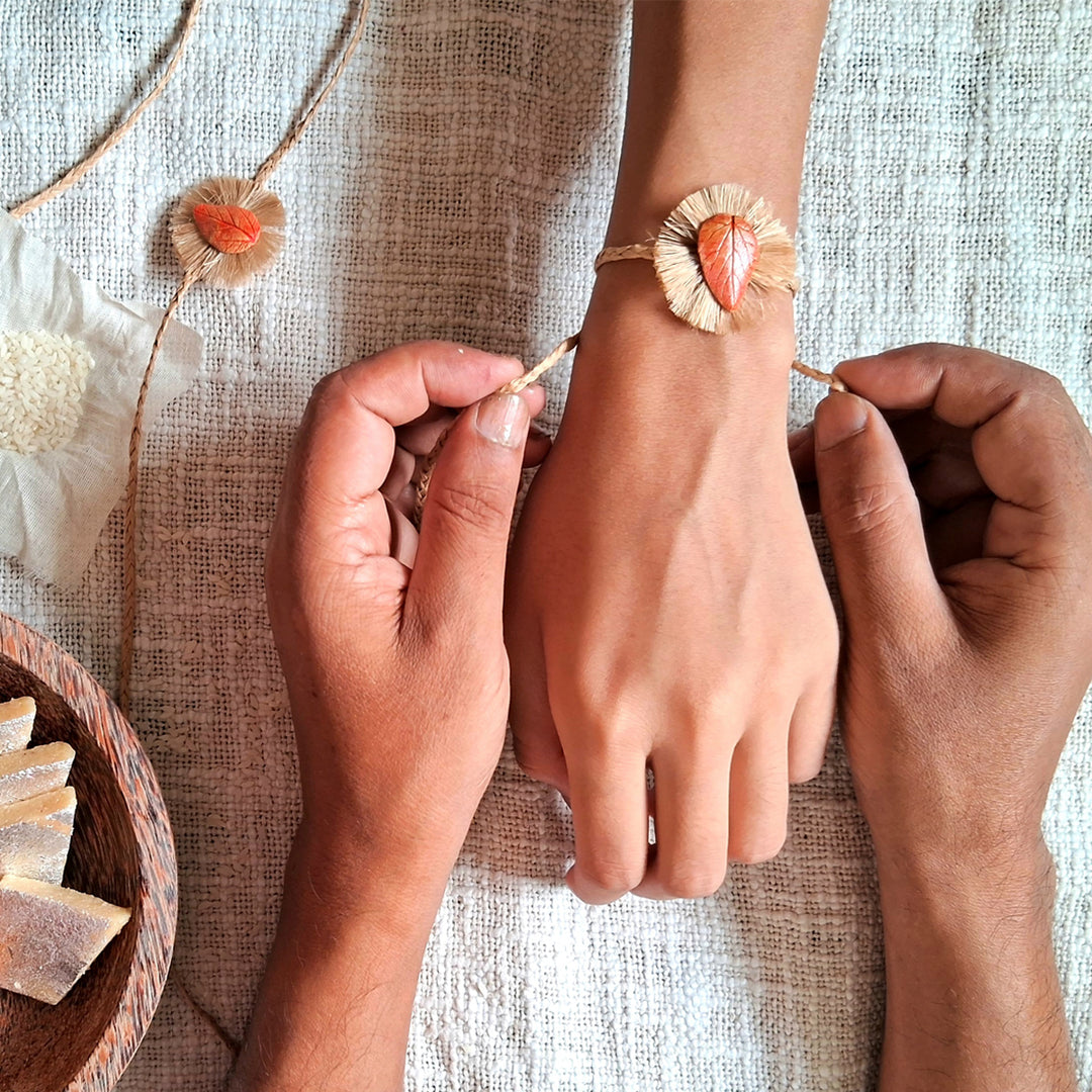 Handmade Papier Mache Leaf  Rakhi With Roli Chawal