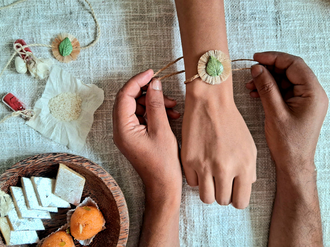 Handmade Papier Mache Yellow & Green Leaf  Rakhi With Roli Chawal | Set of 2