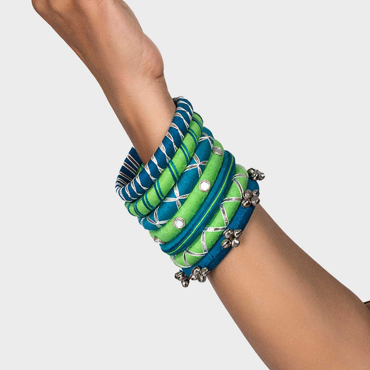 Blue & Green Handcrafted Aarohi Mirror Work with Ghugharu Bangles | Set of 7