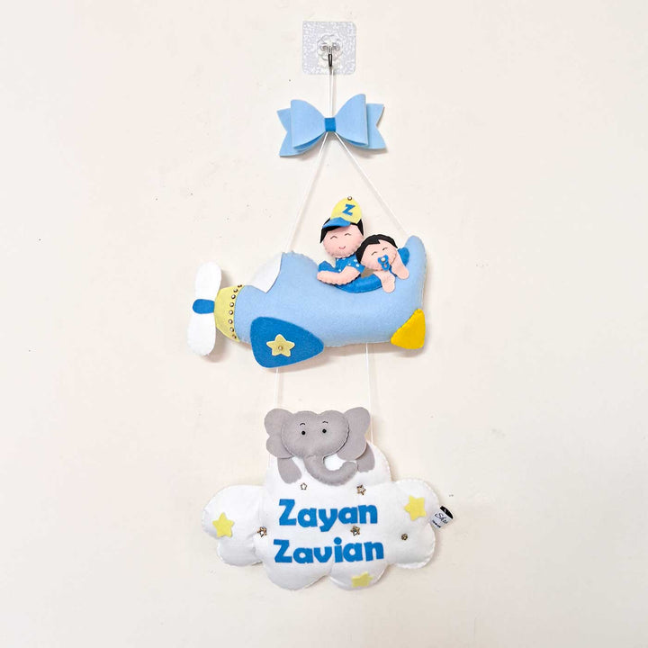 Personalized Aeroplane Themed Felt Kids Name Plate For Siblings